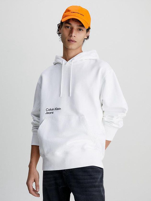 White Calvin Klein Relaxed Back Logo Men Hoodie | PMJQ-78425