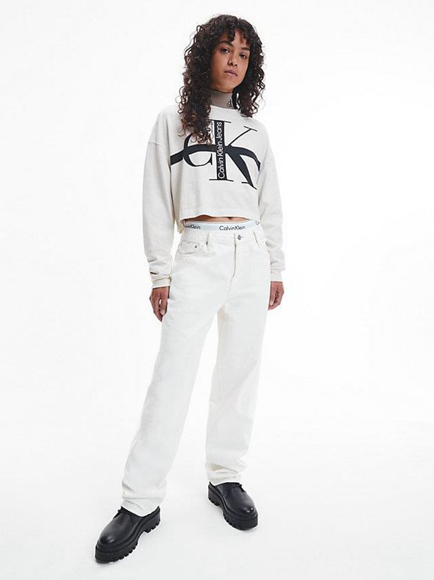 White Calvin Klein Relaxed Long Sleeve Logo Women T-Shirt | QEYA-83976