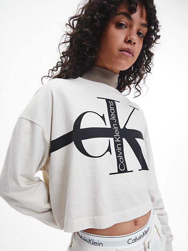 White Calvin Klein Relaxed Long Sleeve Logo Women T-Shirt | QEYA-83976