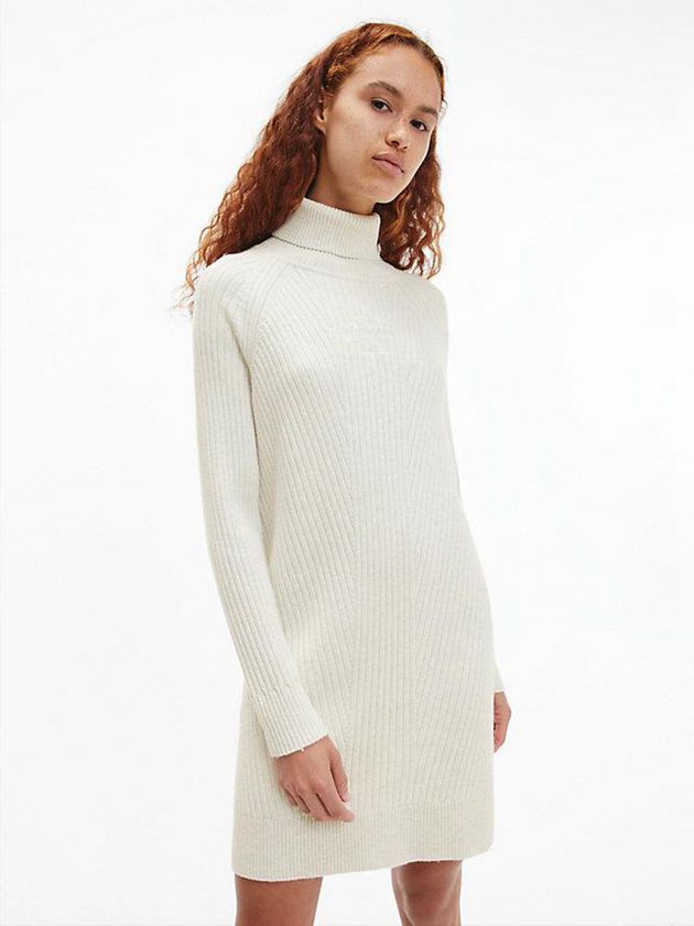 White Calvin Klein Relaxed Roll Neck Jumper Women Dress | ASQV-05379