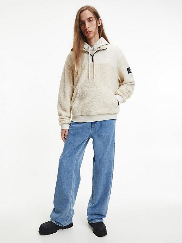 White Calvin Klein Relaxed Sherpa Zip Neck Jumper Men Sweater | HZWJ-70314