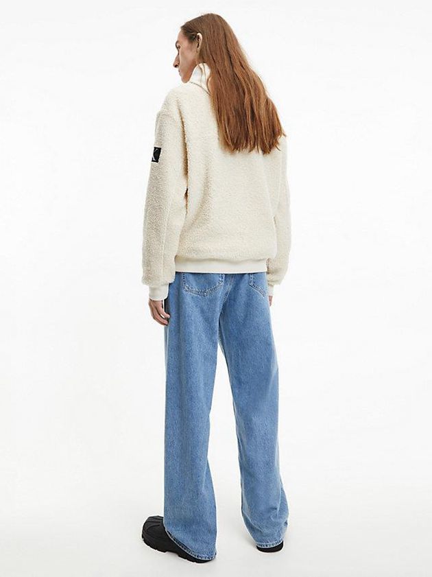 White Calvin Klein Relaxed Sherpa Zip Neck Jumper Men Sweater | HZWJ-70314