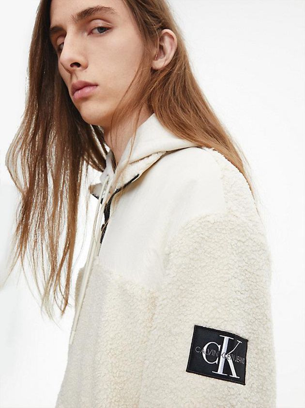 White Calvin Klein Relaxed Sherpa Zip Neck Jumper Men Sweater | HZWJ-70314