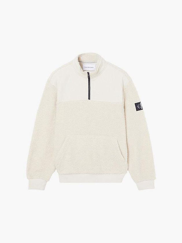 White Calvin Klein Relaxed Sherpa Zip Neck Jumper Men Sweater | HZWJ-70314