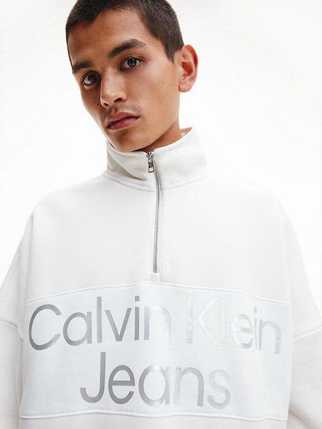 White Calvin Klein Relaxed Zip Neck Men Sweatshirt | SUKD-30842