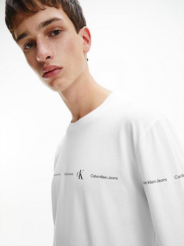 White Calvin Klein Repeat Logo Long Sleeve Men T-Shirt | SETX-58179
