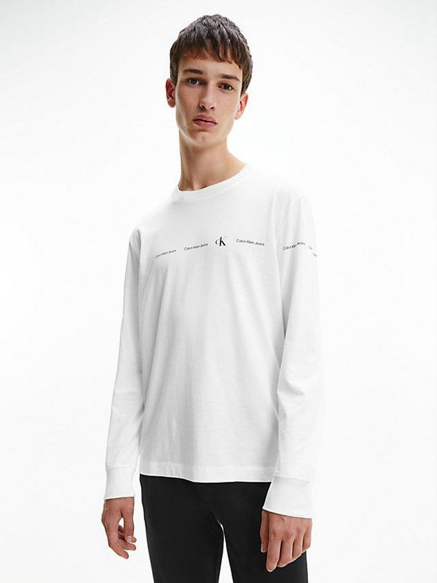 White Calvin Klein Repeat Logo Long Sleeve Men T-Shirt | SETX-58179