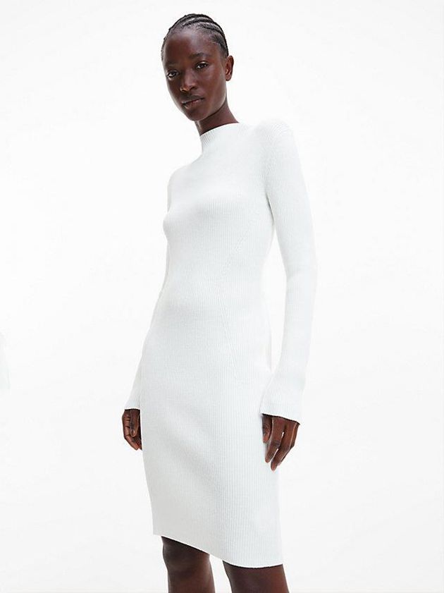 White Calvin Klein Ribbed Bodycon Women Dress | URJX-21608