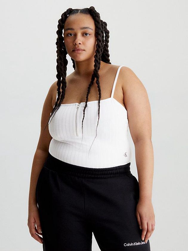White Calvin Klein Ribbed Jersey Zip Up Women Bodysuit | DNCF-17809