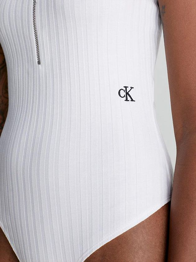 White Calvin Klein Ribbed Jersey Zip Up Women Bodysuit | DNCF-17809