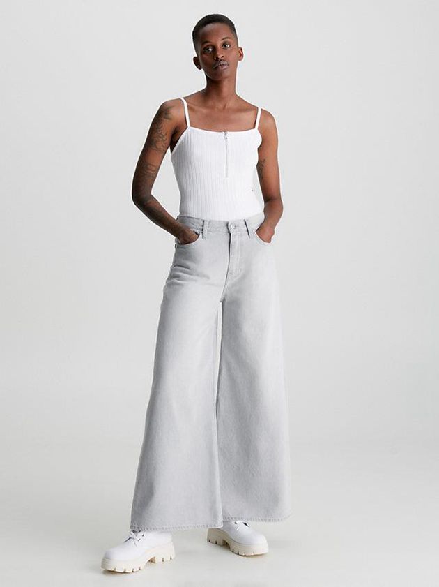 White Calvin Klein Ribbed Jersey Zip Up Women Bodysuit | DNCF-17809