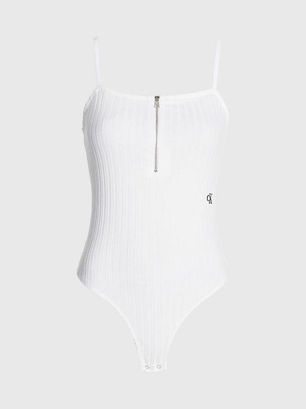 White Calvin Klein Ribbed Jersey Zip Up Women Bodysuit | DNCF-17809