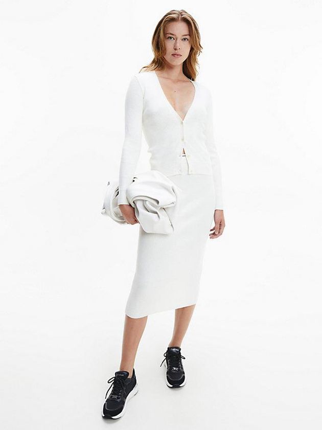 White Calvin Klein Ribbed Knit Pencil Women Skirt | KVCT-30476