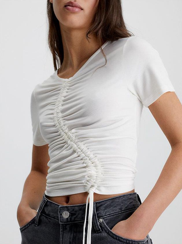 White Calvin Klein Ruched Drawstring Women T-Shirt | YIDT-07268