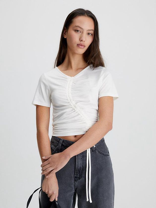 White Calvin Klein Ruched Drawstring Women T-Shirt | YIDT-07268