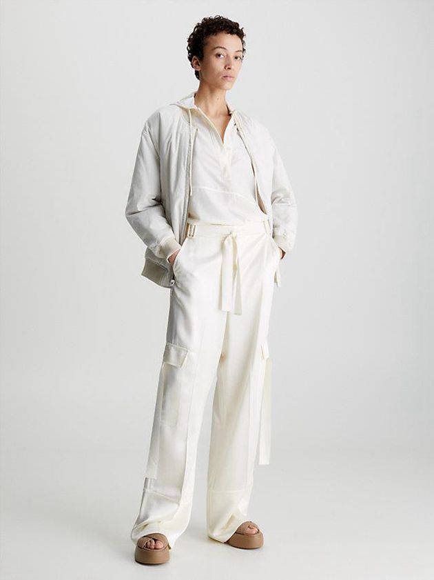 White Calvin Klein Satin Wide Leg Cargo Women Pants | ZCKD-17985