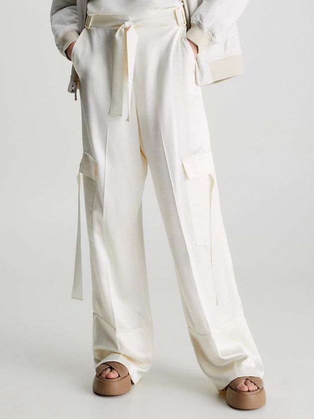 White Calvin Klein Satin Wide Leg Cargo Women Pants | ZCKD-17985