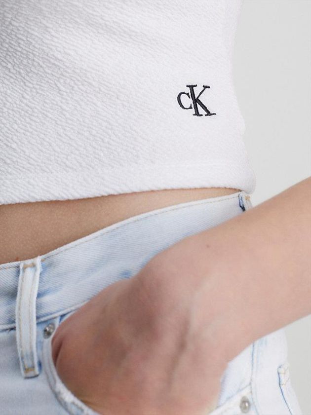 White Calvin Klein Seersucker Stretch Cropped Women Top | KGHN-75260