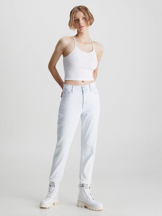 White Calvin Klein Seersucker Stretch Cropped Women Top | KGHN-75260