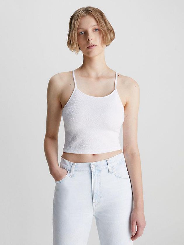 White Calvin Klein Seersucker Stretch Cropped Women Top | KGHN-75260