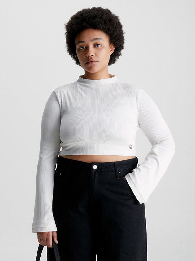 White Calvin Klein Shiny Rib Long Sleeve Women Top | GDXW-89065