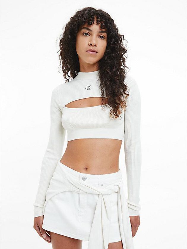 White Calvin Klein Slim Cropped Cut Out Jumper Women Sweater | KJQI-64329