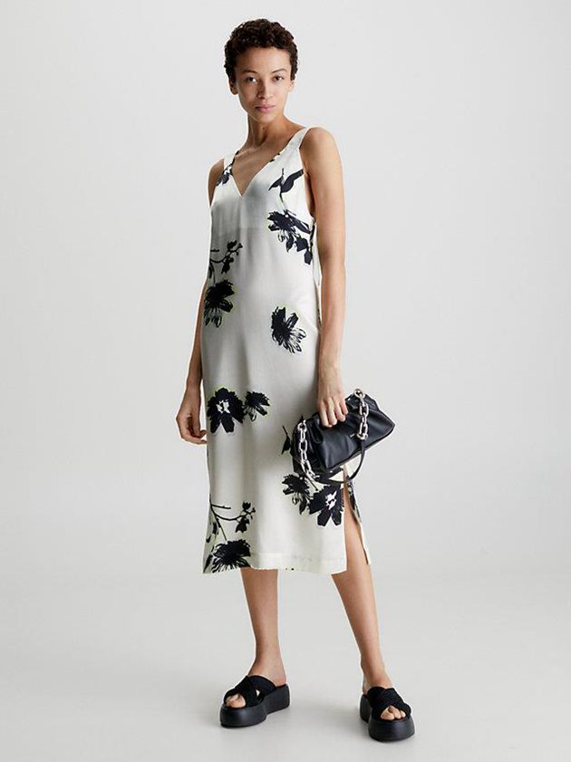 White Calvin Klein Slim Floral Slip Women Dress | RUQC-08627