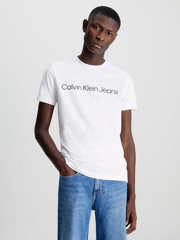 White Calvin Klein Slim Organic Cotton Logo Men T-Shirt | KCZM-04687