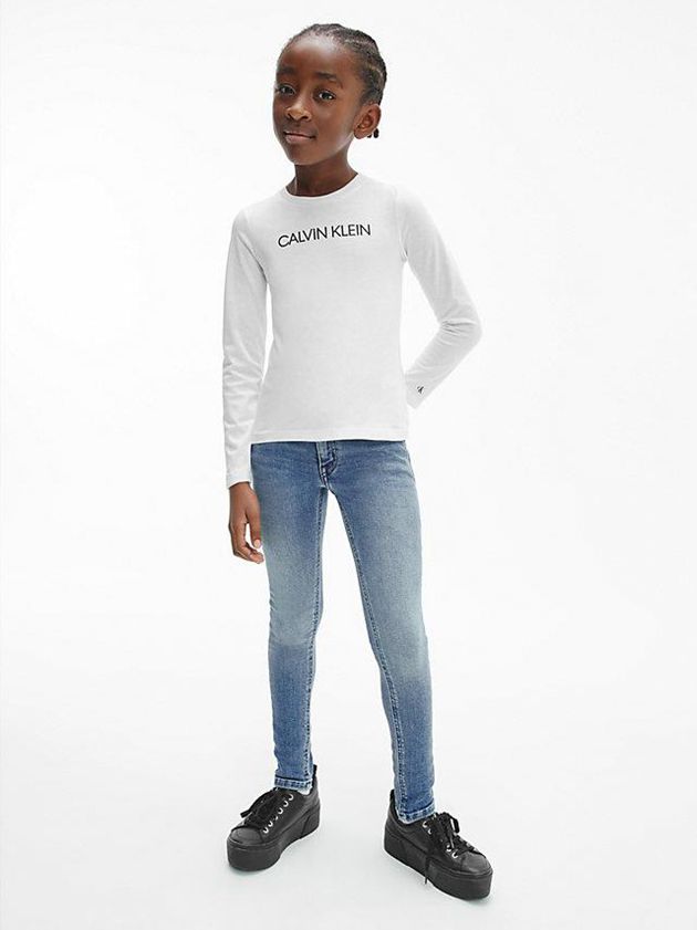 White Calvin Klein Slim Organic Cotton Long Sleeve Girls's T-Shirt | WZDR-02539