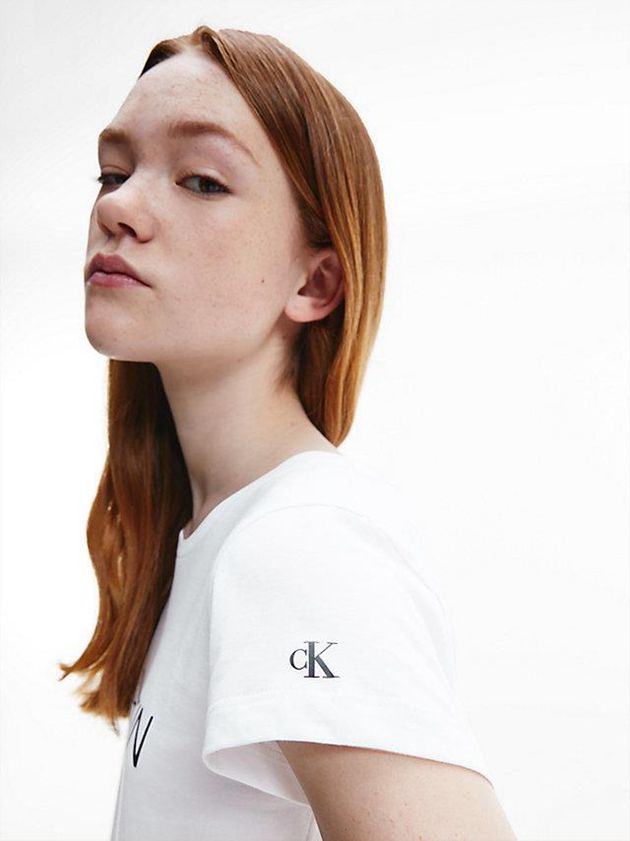 White Calvin Klein Slim Organic Cotton Logo Girls's T-Shirt | XMRG-61804