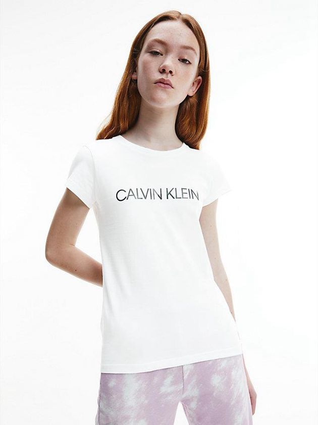 White Calvin Klein Slim Organic Cotton Logo Girls\'s T-Shirt | XMRG-61804