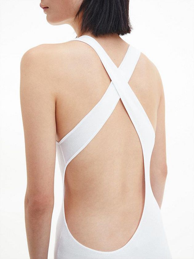 White Calvin Klein Slim Plunge Back Women Dress | WREZ-07452