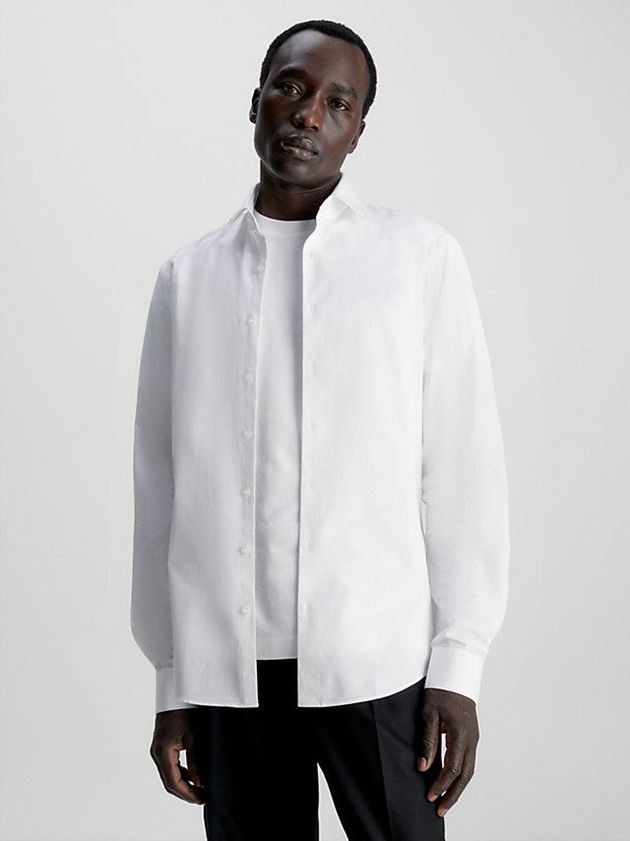 White Calvin Klein Slim Poplin Stretch Men Shirts | HBKO-54682
