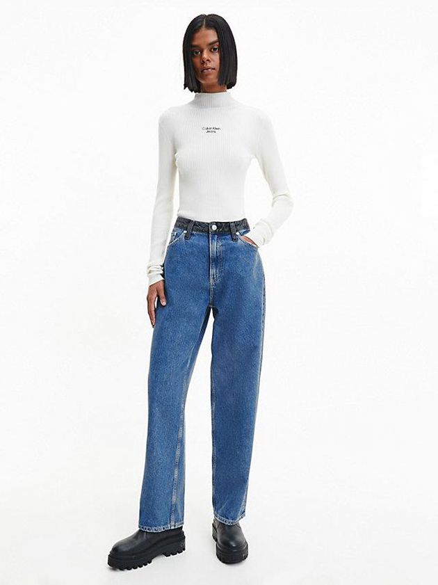 White Calvin Klein Slim Rib-Knit Jumper Women Sweater | HIYP-87690