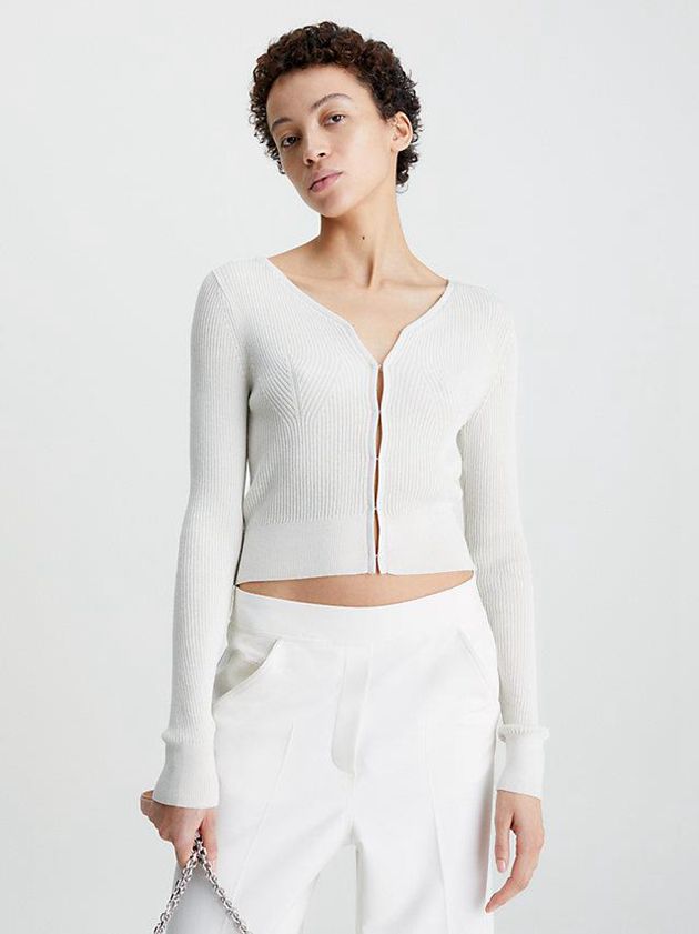 White Calvin Klein Slim Ribbed Cardigan Jumper Women Sweater | UFSA-41562