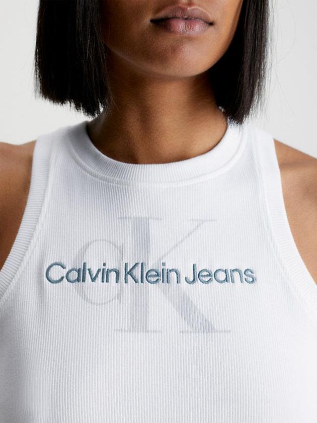 White Calvin Klein Slim Ribbed Monogram Tank Women Dress | TIKD-60914