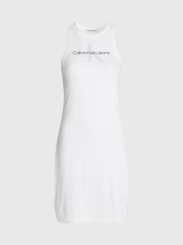 White Calvin Klein Slim Ribbed Monogram Tank Women Dress | TIKD-60914