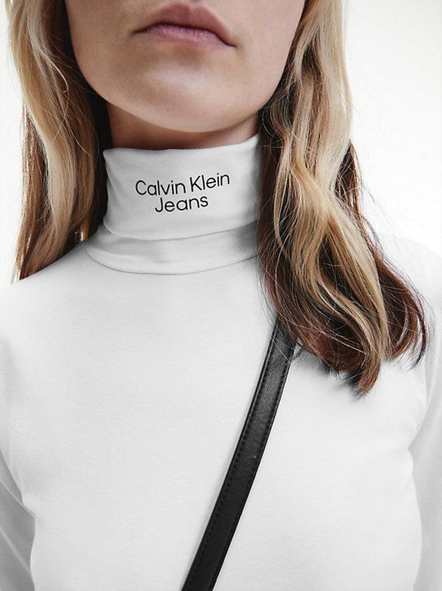 White Calvin Klein Slim Roll Neck Women Top | QWVP-20489