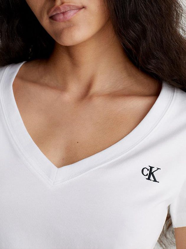 White Calvin Klein Slim V-Neck Women T-Shirt | SVLB-21359