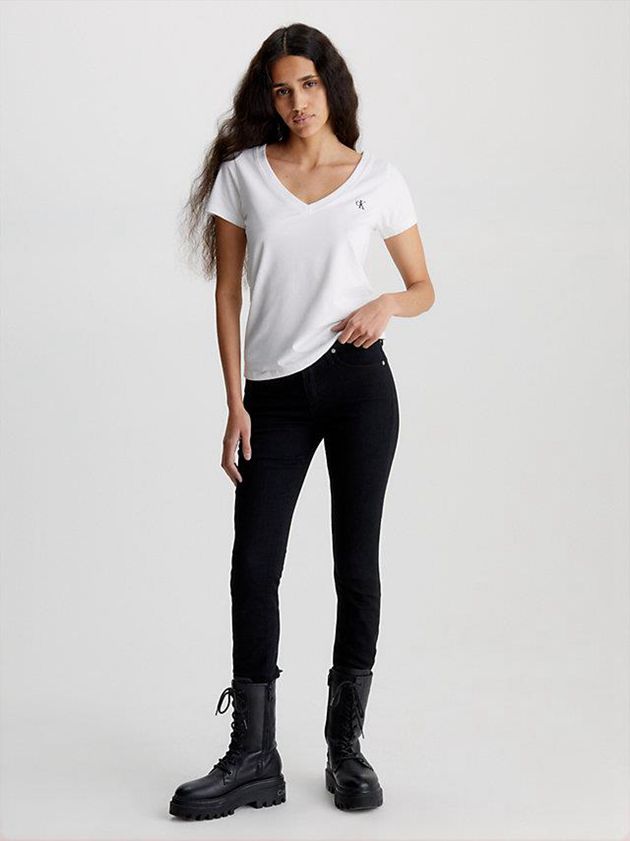 White Calvin Klein Slim V-Neck Women T-Shirt | SVLB-21359