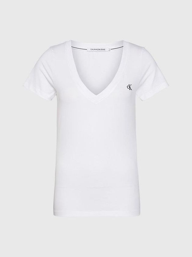 White Calvin Klein Slim V-Neck Women T-Shirt | SVLB-21359