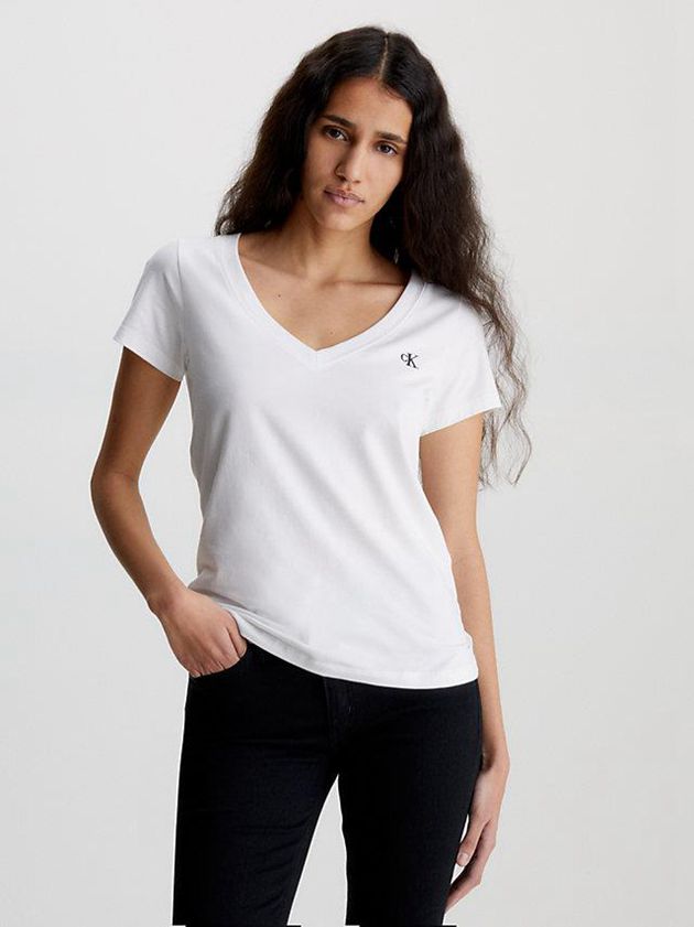 White Calvin Klein Slim V-Neck Women T-Shirt | SVLB-21359