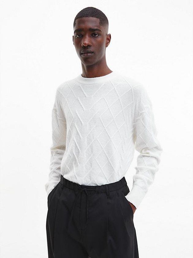 White Calvin Klein Textured Cable Jumper Men Sweater | TVJO-19025