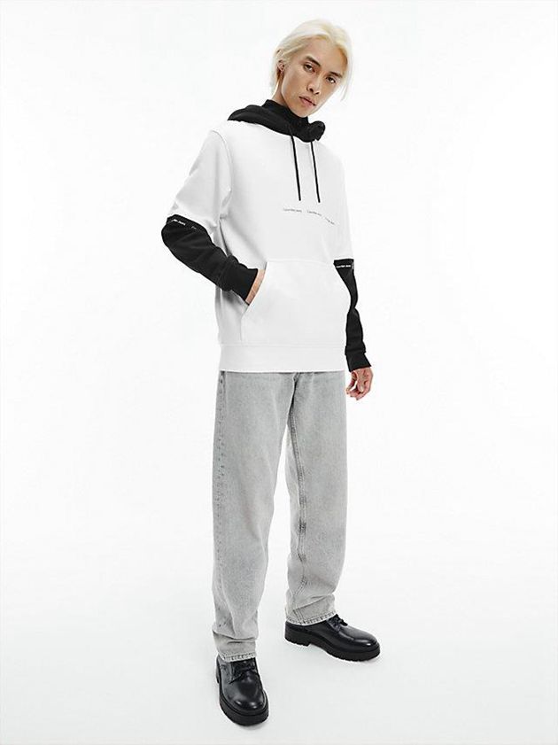 White Calvin Klein Two-Tone Repeat Logo Men Hoodie | HKMS-98261