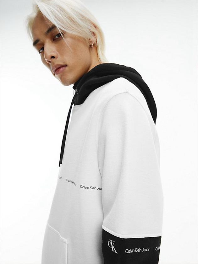 White Calvin Klein Two-Tone Repeat Logo Men Hoodie | HKMS-98261