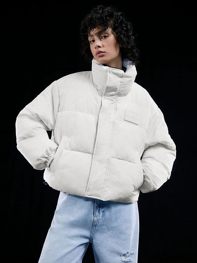 White Calvin Klein Unisex Cropped Puffer Men Jacket | HERQ-75902