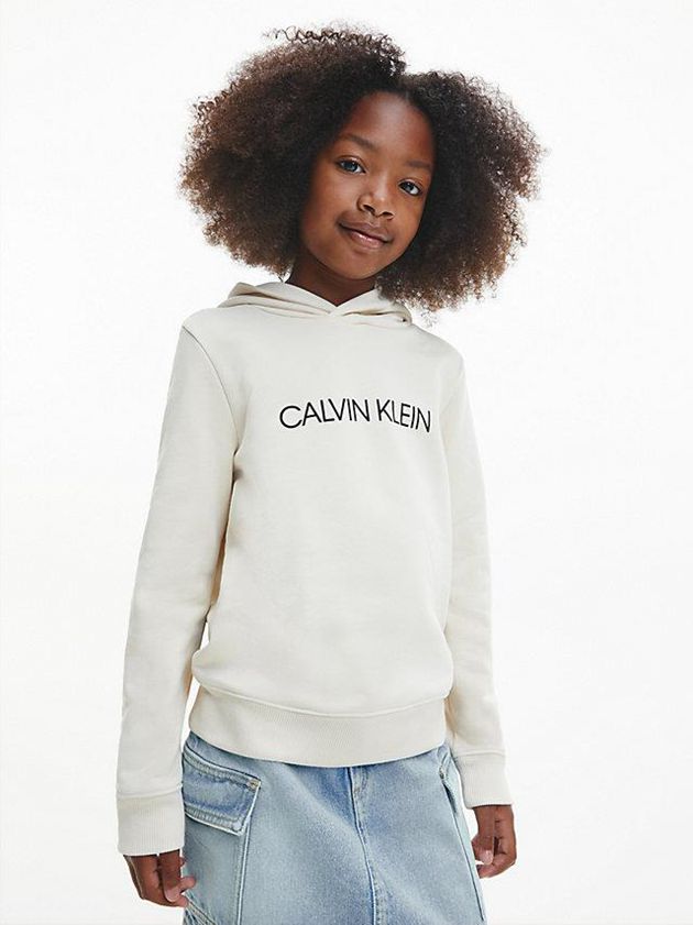 White Calvin Klein Unisex Logo Girls's Hoodie | NISJ-05938