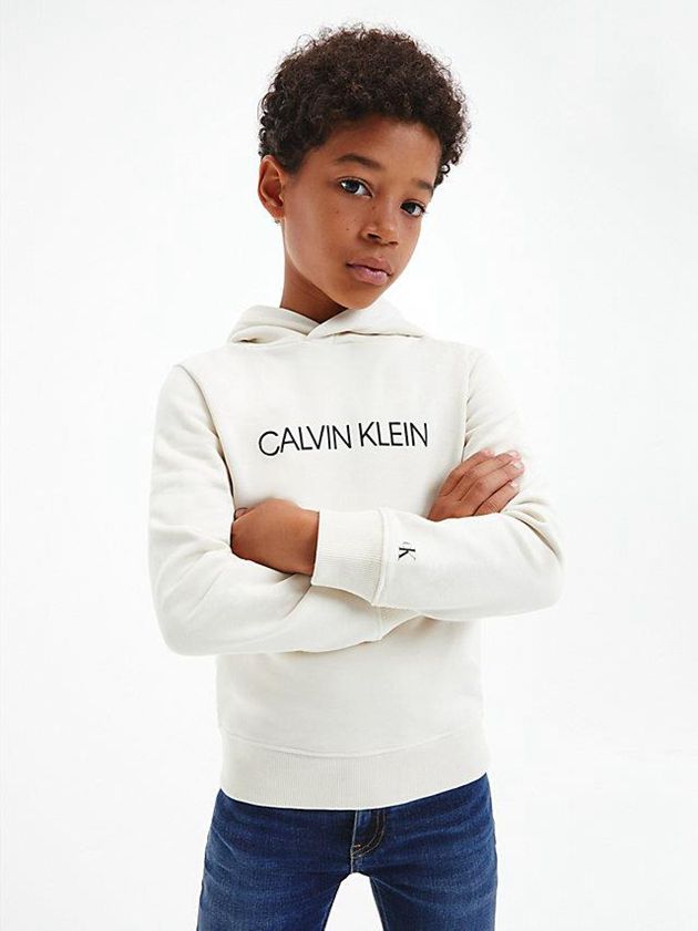 White Calvin Klein Unisex Logo Girls's Hoodie | NISJ-05938