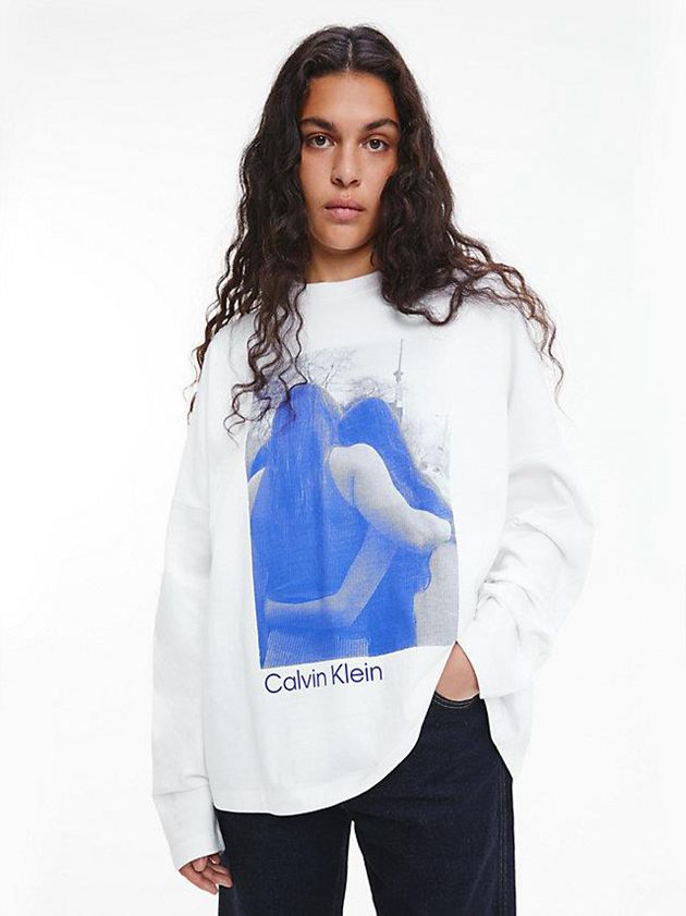 White Calvin Klein Unisex Printed Long Sleeve - CK Standards Women T-Shirt | DRTF-73568
