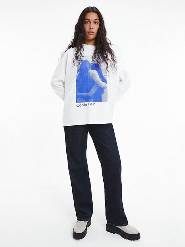 White Calvin Klein Unisex Printed Long Sleeve - CK Standards Women T-Shirt | DRTF-73568